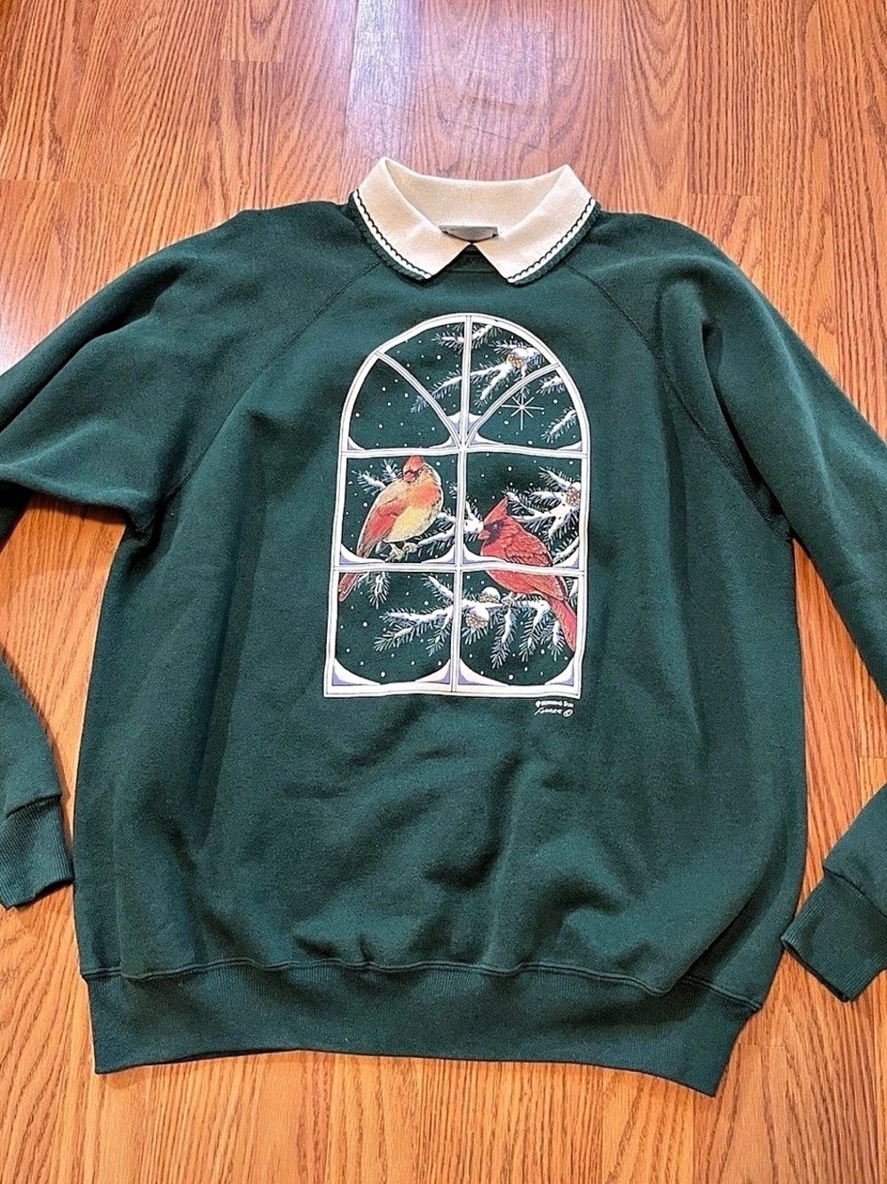 Vintage Cardinals Bird Christmas Sweatshirt with Collar Grandma Cottage Core XL